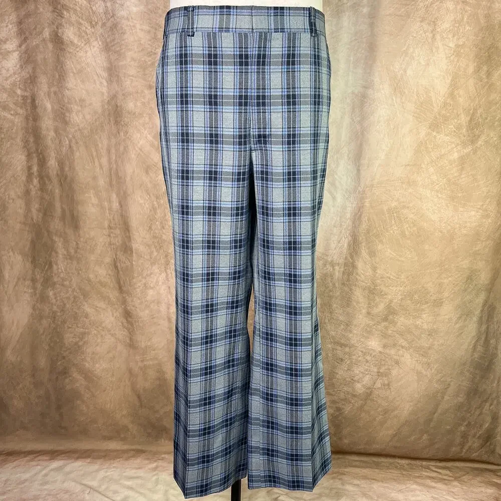 Vintage 70s Plaid Pants Blue Gray Slacks Relaxed Retro Academia Disco Teacher